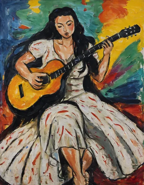 <lora:m4t1:0.8>m4t1 woman playing guitar, thick paint, canvas, brushstrokes