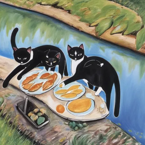 <lora:m4t1:1> cats eating lunch on a river