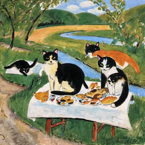 <lora:m4t1:1>m4t1 cats eating lunch on a river