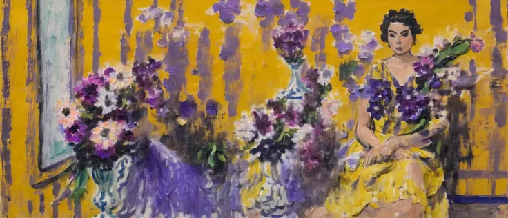 <lora:m4t1:1>m4t1 woman sitting next to flowers, yellow walls, yellow violet dress, thick paint, brush strokes