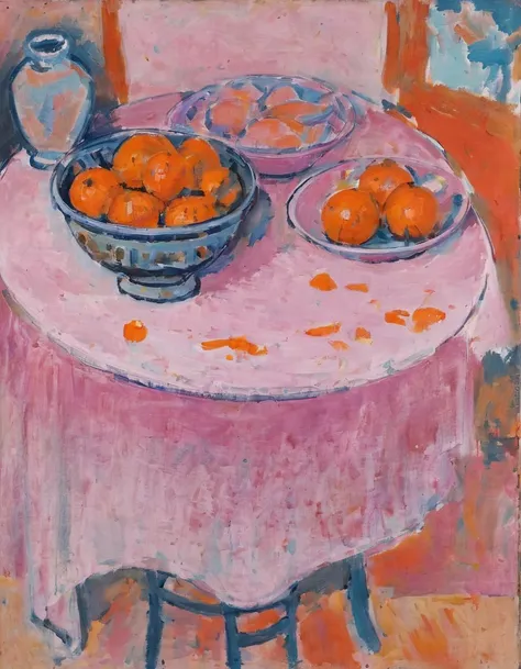 <lora:m4t1:1>m4t1 still life oranges pink table thick paint strokes