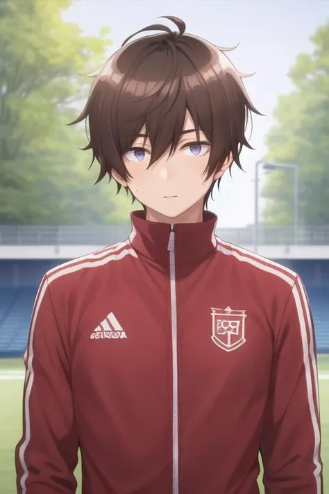 masterpiece, best quality, high quality, 1boy, solo, male focus, looking at viewer, upper body, <lora:fumiya_tomozaki:0.66>, fumiya_tomozaki, brown hair, hair between eyes, , track suit