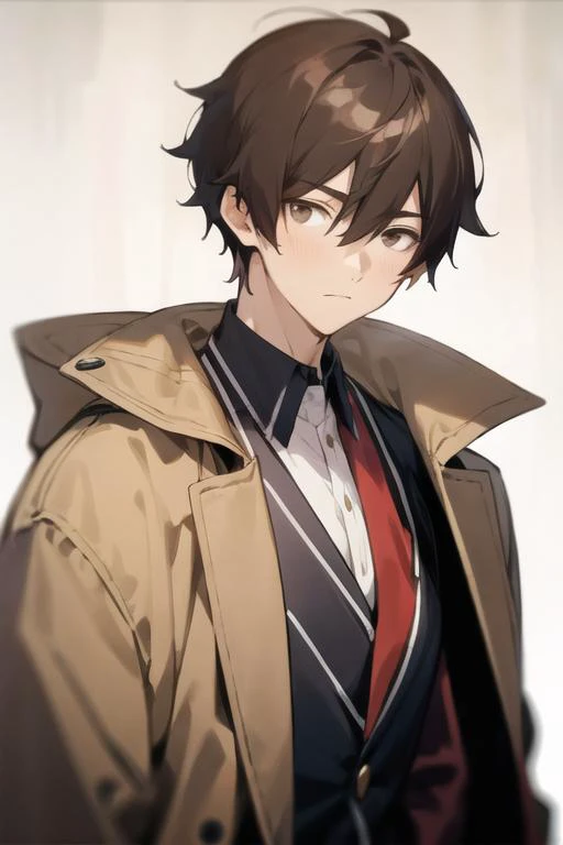 masterpiece, best quality, high quality, 1boy, solo, male focus, looking at viewer, upper body, <lora:fumiya_tomozaki:0.52>, fumiya_tomozaki, brown hair, hair between eyes, , coat