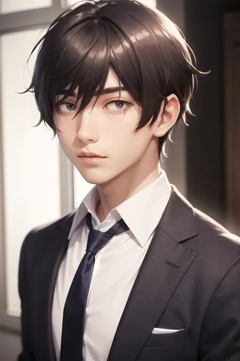 masterpiece, best quality, high quality, 1boy, solo, male focus, looking at viewer, upper body, <lora:fumiya_tomozaki:0.58>, fumiya_tomozaki, brown hair, hair between eyes, , formal, necktie, dress shirt