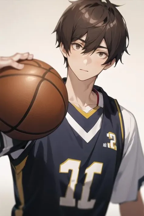 masterpiece, best quality, high quality, 1boy, solo, male focus, looking at viewer, upper body, <lora:fumiya_tomozaki:0.58>, fumiya_tomozaki, brown hair, hair between eyes, realistic, basketball uniform