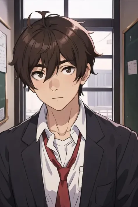 masterpiece, best quality, high quality, 1boy, solo, male focus, looking at viewer, upper body, <lora:fumiya_tomozaki:0.56>, fumiya_tomozaki, brown hair, hair between eyes, , school uniform