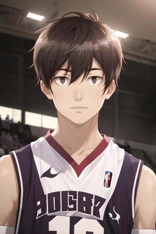 masterpiece, best quality, high quality, 1boy, solo, male focus, looking at viewer, upper body, <lora:fumiya_tomozaki:0.62>, fumiya_tomozaki, brown hair, hair between eyes, , basketball uniform