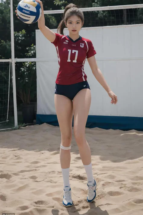nsfw, best quality, masterpiece, ultra high res, (photorealistic:1.3), 8K, raw photo, 1girl, natural skin texture, blonde ,  wearing volley_uniform,  natural skin texture, dynamic pose, top model, film grain,asian, <lora:ClothingAdjuster3:0> <lora:InstantPhotoX3:0.13>,  full body, volley_uniform, narrow waist, ponytail, inside volley ball field  <lora:volley_uniform:0.42>