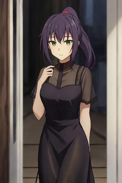 miranda, 1girl, solo, long_hair, looking_at_viewer, bangs, green_eyes, ponytail, purple_hair, sidelocks, indoor, (black_dress:1.2), long_dress