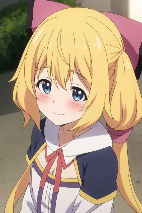 may, anime art style, 1girl, solo, long_hair, blush, smile, bangs, blue_eyes, blonde_hair, hair_ornament, bow, bare_shoulders, twintails, closed_mouth, upper_body, hair_bow, sidelocks, low_twintails, own_hands_together, portrait, purple_bow, split_mouth