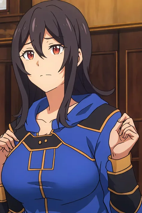 olivia, 1girl, solo, long_hair, breasts, bangs, large_breasts, black_hair, red_eyes, long_sleeves, cleavage, hair_between_eyes, brown_eyes, medium_breasts, closed_mouth, collarbone, upper_body, indoors, hood, sweatdrop, frown, parody, clenched_hands, anime_coloring