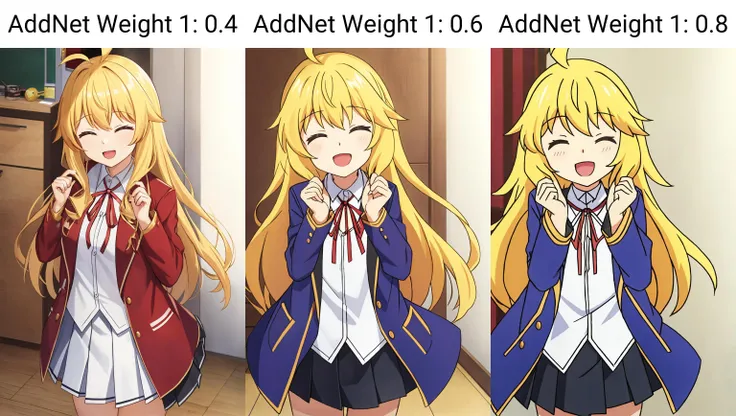 alice, 1girl, solo, long_hair, smile, open_mouth, bangs, skirt, blonde_hair, shirt, long_sleeves, ribbon, very_long_hair, school_uniform, standing, closed_eyes, white_shirt, ahoge, :d, cowboy_shot, pleated_skirt, indoors, black_skirt, red_ribbon, coat, hands_up, neck_ribbon, ^_^, parody, facing_viewer, clenched_hands