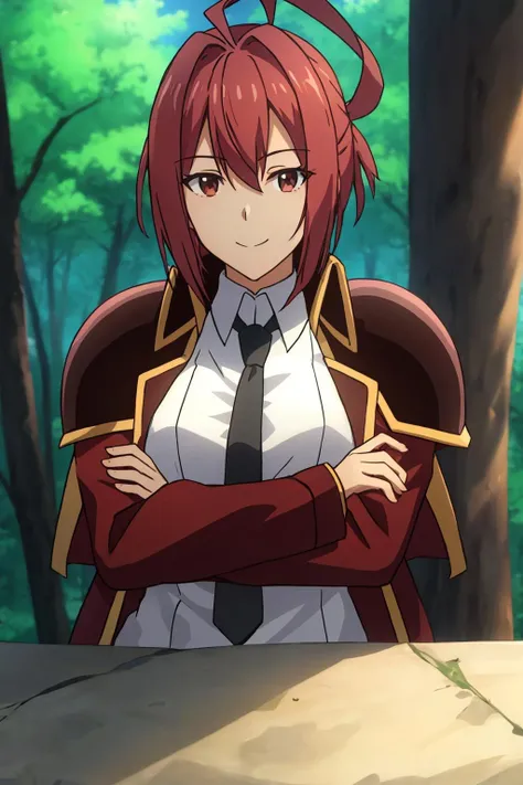 christina, 1girl, solo, looking_at_viewer, smile, short_hair, shirt, long_sleeves, brown_eyes, closed_mouth, jacket, white_shirt, upper_body, ahoge, red_hair, necktie, collared_shirt, armor, tree, crossed_arms, shoulder_armor, black_necktie, pauldrons, anime_coloring