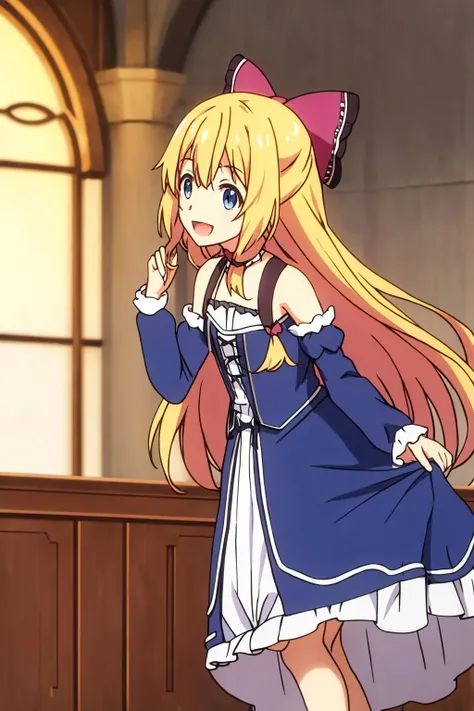may, 1girl, solo, long_hair, smile, open_mouth, bangs, blue_eyes, blonde_hair, long_sleeves, dress, bow, bare_shoulders, very_long_hair, standing, :d, hair_bow, frills, detached_sleeves, white_dress, looking_to_the_side, feet_out_of_frame, hair_tubes