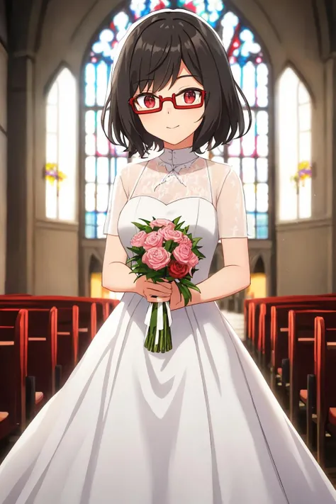 lynn, 1girl, solo, short_hair, bangs, black_hair, red_eyes, ribbon, red-framed_eyewear, under-rim_eyewear, wedding_dress, white_dress, church, holding_flowers, candle_light