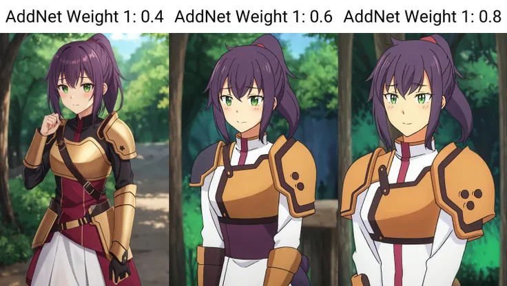 miranda, 1girl, solo, long_hair, looking_at_viewer, blush, bangs, closed_mouth, green_eyes, upper_body, ponytail, purple_hair, sidelocks, outdoors, armor, blurry, blurry_background, shoulder_armor, forest, pauldrons