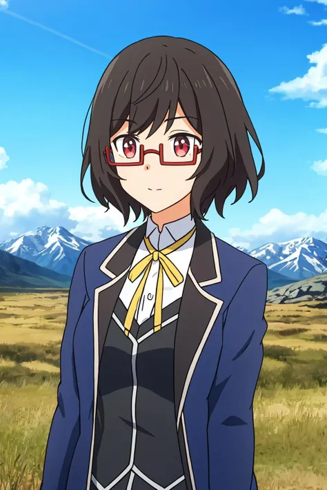 lynn, 1girl, solo, short_hair, bangs, shirt, black_hair, red_eyes, ribbon, closed_mouth, jacket, upper_body, outdoors, sky, glasses, day, neck_ribbon, blue_jacket, semi-rimless_eyewear, red-framed_eyewear, under-rim_eyewear, yellow_ribbon, mountain