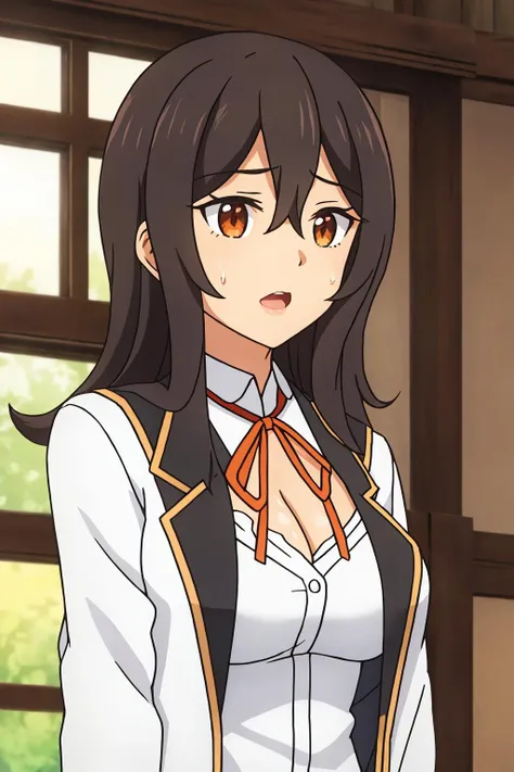 olivia, 1girl, solo, long_hair, breasts, looking_at_viewer, open_mouth, bangs, brown_hair, black_hair, ribbon, cleavage, hair_between_eyes, brown_eyes, medium_breasts, jacket, upper_body, frills, indoors, sweatdrop, red_ribbon, orange_eyes, window, neck_ribbon, parody, white_jacket