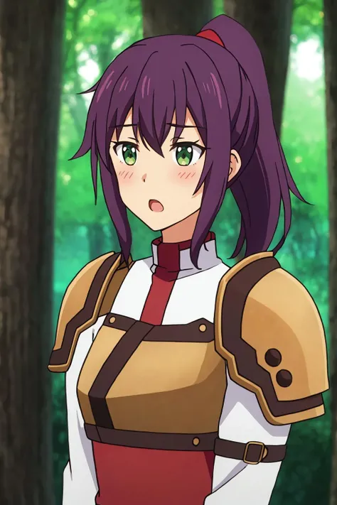 miranda, 1girl, solo, long_hair, looking_at_viewer, blush, open_mouth, bangs, green_eyes, upper_body, ponytail, purple_hair, sidelocks, outdoors, armor, blurry, :o, tree, shoulder_armor, nature, forest, pauldrons