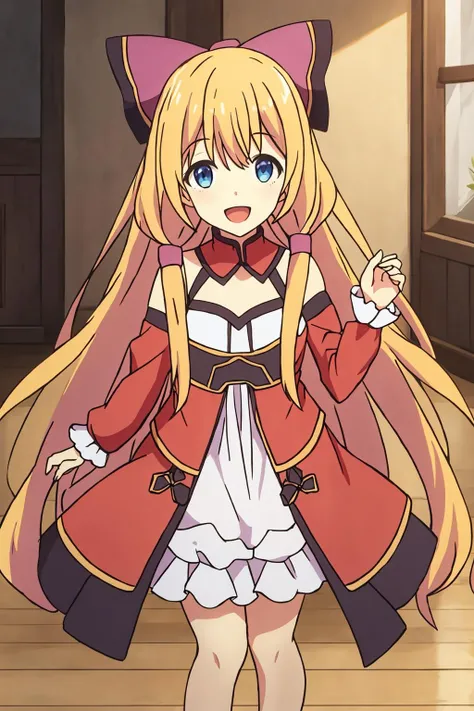 may, 1girl, solo, long_hair, smile, open_mouth, bangs, blue_eyes, blonde_hair, long_sleeves, bow, bare_shoulders, very_long_hair, standing, :d, hair_bow, frills, detached_sleeves, white_dress, looking_to_the_side, feet_out_of_frame, hair_tubes