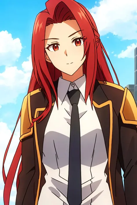 christina, 1girl, solo, long_hair, shirt, red_eyes, long_sleeves, brown_eyes, closed_mouth, jacket, white_shirt, upper_body, ahoge, red_hair, outdoors, necktie, sky, day, collared_shirt, cloud, armor, blue_sky, cloudy_sky, shoulder_armor, black_necktie, hair_rings, pauldrons