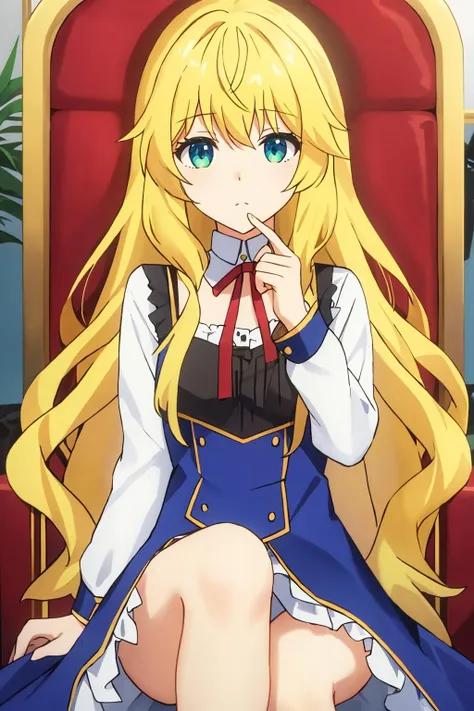 alice, 1girl, solo, long_hair, looking_at_viewer, bangs, blonde_hair, , green_eyes blue_eyes, frills, wavy_hair, black_dress, sitting, throne, indoor