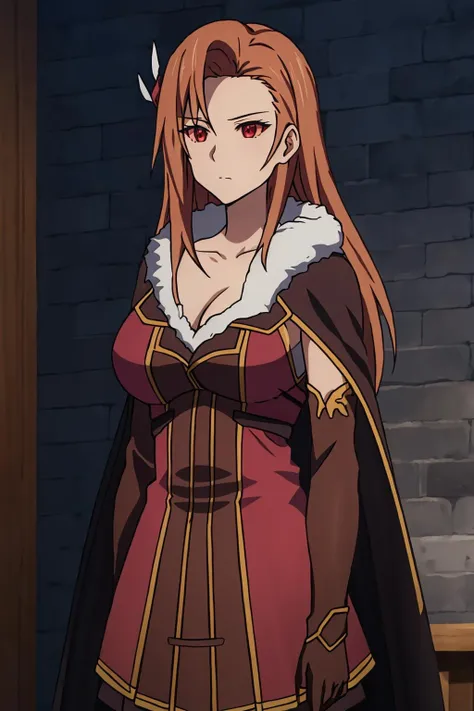 miria, 1girl, solo, long_hair, breasts, large_breasts, brown_hair, hair_ornament, red_eyes, gloves, dress, cleavage, brown_eyes, medium_breasts, standing, collarbone, detached_sleeves, cape, fur_trim, expressionless