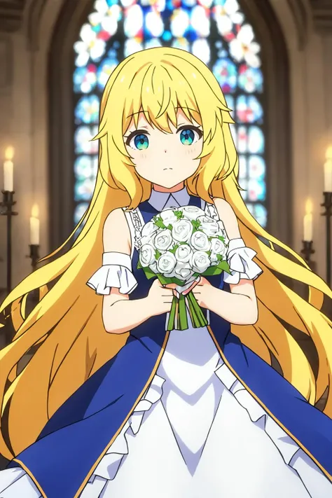 alice, 1girl, solo, long_hair, looking_at_viewer, bangs, blonde_hair, green_eyes blue_eyes, frills, wavy_hair, white_dress, wedding_dress, wedding, chruch, candle, holding_flowers