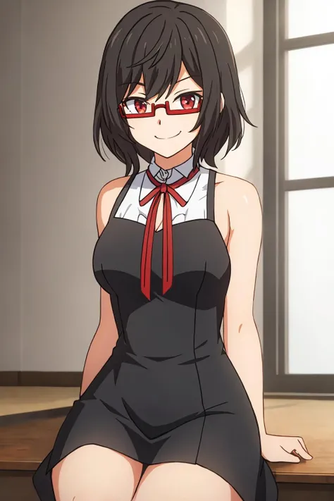lynn, 1girl, solo, short_hair, bangs, black_hair, red_eyes, ribbon, red-framed_eyewear, under-rim_eyewear, black_dress, sitting, smirk