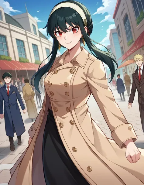 score_9, score_8_up, score_7_up, source_anime, 
yorbriar, <lora:yor-briar-ponyxl-lora-nochekaiser:1>, 
yor briar, black hair, red eyes, earrings, white hairband, hairband, long hair, sidelocks, smile,
coat, trench coat,
outdoors, cityscape, crowd, people, street,
looking at viewer, cowboy shot, dutch angle, dynamic pose,