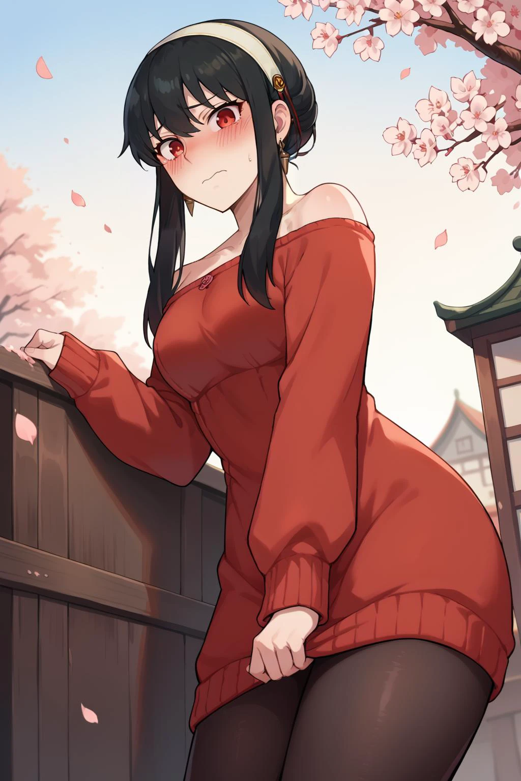 score_9, score_8_up, score_7_up, source_anime,yor briar, black hair, red eyes, earrings, white hairband, hairband, long hair, sidelocks, bare shoulders, collarbone, dress, long sleeves, off shoulder, off-shoulder dress, off-shoulder sweater, pantyhose, red sweater, sweater, sweater dress, thighs, bent over, from below, from behind, butt, embarrassed, outside, cherry blossoms, looking at viewer, seductive, blush, <lora:yor-briar-ponyxl-lora-nochekaiser:1>