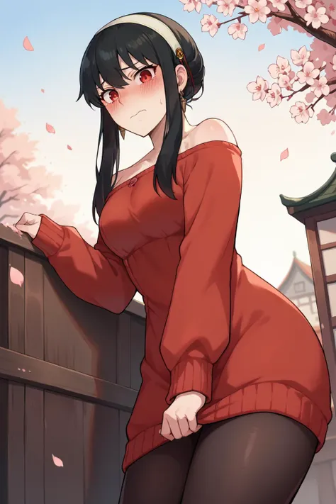 score_9, score_8_up, score_7_up, source_anime,yor briar, black hair, red eyes, earrings, white hairband, hairband, long hair, sidelocks, bare shoulders, collarbone, dress, long sleeves, off shoulder, off-shoulder dress, off-shoulder sweater, pantyhose, red sweater, sweater, sweater dress, thighs, bent over, from below, from behind, butt, embarrassed,  outside, cherry blossoms, looking at viewer, seductive, blush,  <lora:yor-briar-ponyxl-lora-nochekaiser:1>