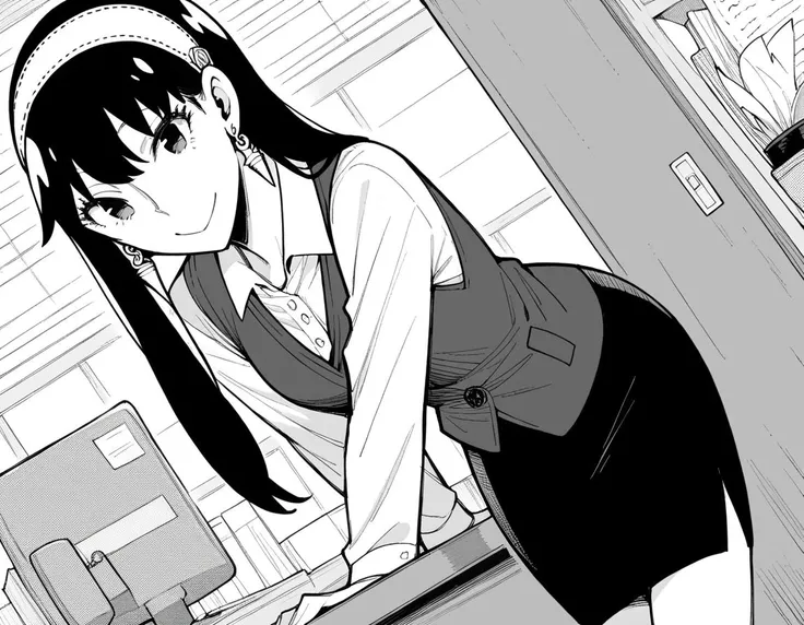 score_9, score_8_up, score_7_up, source_anime,
yorbriar, <lora:yor-briar-manga-ponyxl-lora-nochekaiser:1>,
yor briar, black hair, earrings, white hairband, hairband, long hair, sidelocks, monochrome, greyscale,
skirt, shirt, long sleeves, white shirt, earrings, collared shirt, vest, pencil skirt, office lady,
indoors, office, smile, bent over,
looking at viewer, cowboy shot, dutch angle, solo,