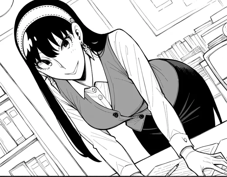 score_9, score_8_up, score_7_up, source_anime,
yorbriar, <lora:yor-briar-manga-ponyxl-lora-nochekaiser:1>,
yor briar, black hair, earrings, white hairband, hairband, long hair, sidelocks, monochrome, greyscale,
skirt, shirt, long sleeves, white shirt, earrings, collared shirt, vest, pencil skirt, office lady,
indoors, office, smile, bent over,
looking at viewer, cowboy shot, dutch angle, solo,