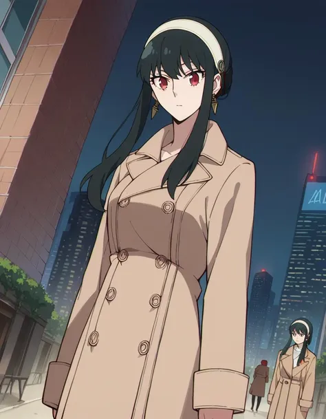 score_9, score_8_up, score_7_up, source_anime,
yorbriar, <lora:yor-briar-s1-ponyxl-lora-nochekaiser:1>,
yor briar, black hair, red eyes, earrings, white hairband, hairband, long hair, sidelocks,
coat, trench coat,
outdoors, cityscape,
looking at viewer, dutch angle, cowboy shot,