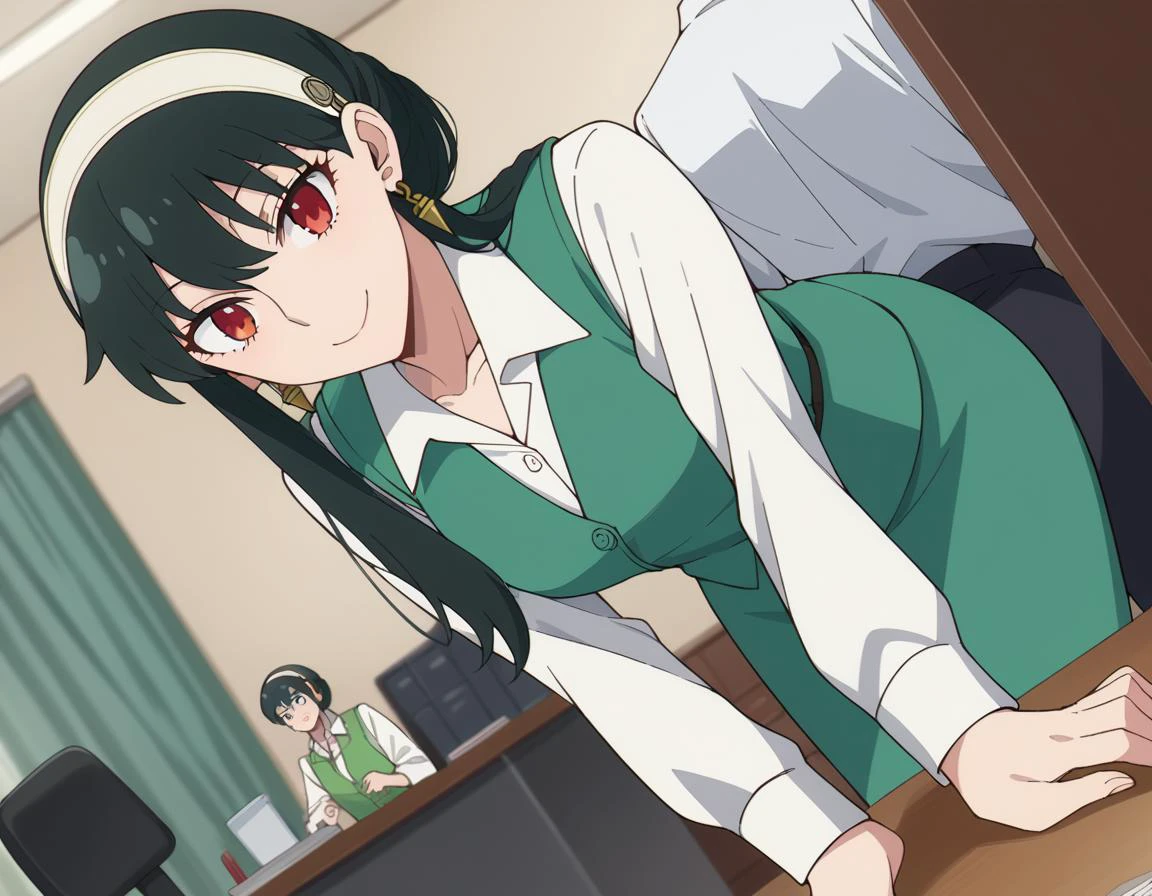 score_9, score_8_up, score_7_up, source_anime,
yorbriar, <lora:yor-briar-s1-ponyxl-lora-nochekaiser:1>,
yor briar, black hair, red eyes, earrings, white hairband, hairband, long hair, sidelocks,
skirt, shirt, long sleeves, white shirt, earrings, collared shirt, vest, green skirt, pencil skirt, office lady, green vest,
indoors, office, smile, bent over,
looking at viewer, dutch angle, cowboy shot,