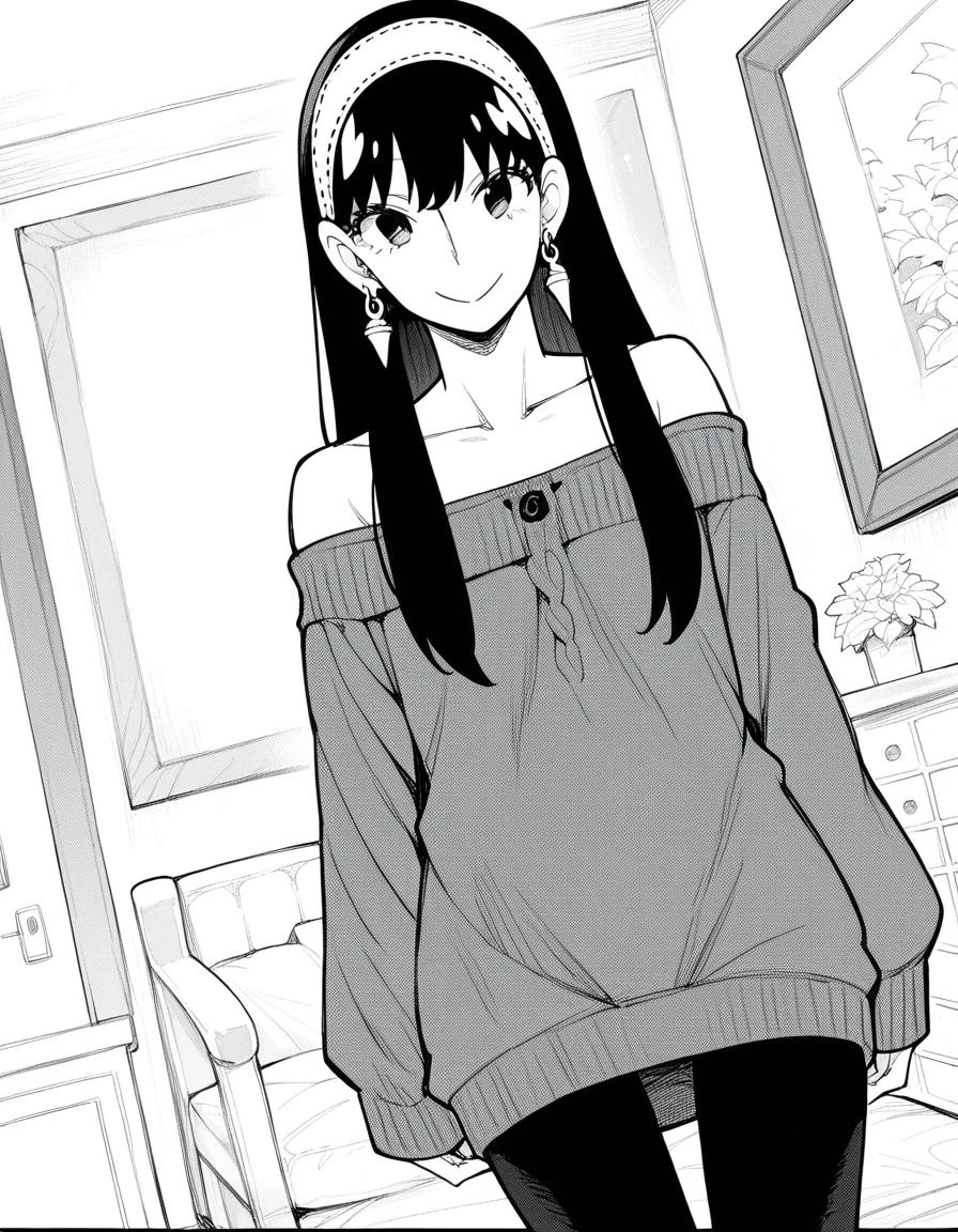 score_9, score_8_up, score_7_up, source_anime,
yorbriar, <lora:yor-briar-manga-ponyxl-lora-nochekaiser:1>,
yor briar, black hair, earrings, white hairband, hairband, long hair, sidelocks, monochrome, greyscale,
bare shoulders, collarbone, dress, long sleeves, off shoulder, off-shoulder dress, off-shoulder sweater, pantyhose, sweater, sweater dress, thighs,
indoors, smile,
looking at viewer, cowboy shot, dutch angle, solo,