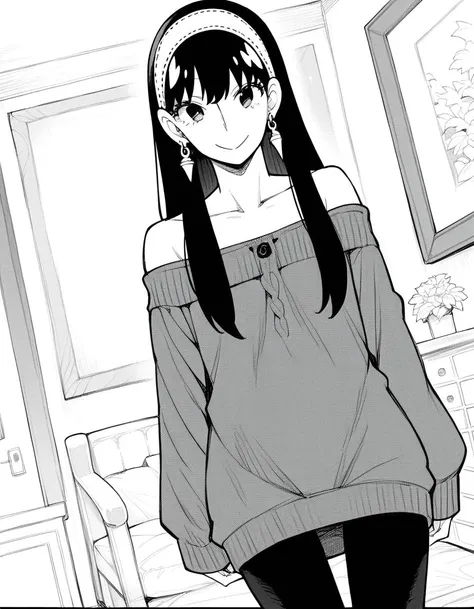 score_9, score_8_up, score_7_up, source_anime,
yorbriar, <lora:yor-briar-manga-ponyxl-lora-nochekaiser:1>,
yor briar, black hair, earrings, white hairband, hairband, long hair, sidelocks, monochrome, greyscale,
bare shoulders, collarbone, dress, long sleeves, off shoulder, off-shoulder dress, off-shoulder sweater, pantyhose, sweater, sweater dress, thighs,
indoors, smile,
looking at viewer, cowboy shot, dutch angle, solo,