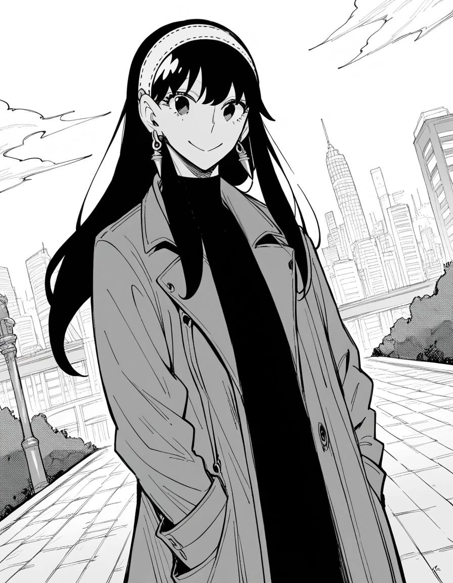 score_9, score_8_up, score_7_up, source_anime,
yorbriar, <lora:yor-briar-manga-ponyxl-lora-nochekaiser:1>,
yor briar, black hair, earrings, white hairband, hairband, long hair, sidelocks, monochrome, greyscale,
coat, trench coat,
outdoors, cityscape, smile,
looking at viewer, cowboy shot, dutch angle, solo,
