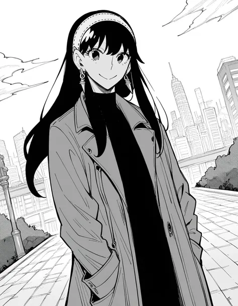 score_9, score_8_up, score_7_up, source_anime,
yorbriar, <lora:yor-briar-manga-ponyxl-lora-nochekaiser:1>,
yor briar, black hair, earrings, white hairband, hairband, long hair, sidelocks, monochrome, greyscale,
coat, trench coat,
outdoors, cityscape, smile,
looking at viewer, cowboy shot, dutch angle, solo,