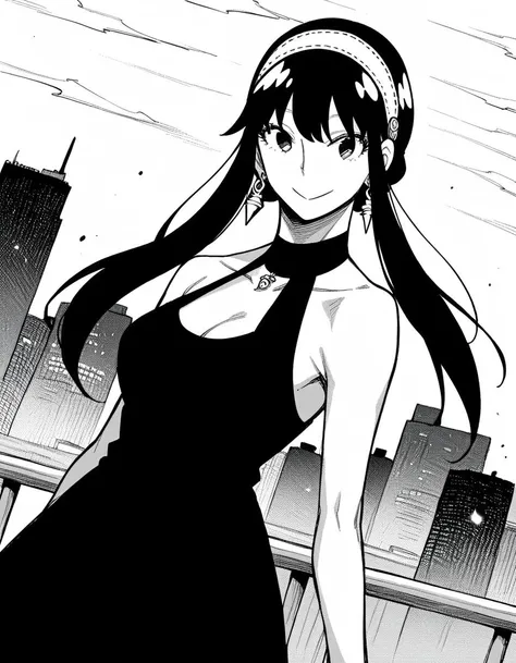 score_9, score_8_up, score_7_up, source_anime,
yorbriar, <lora:yor-briar-manga-ponyxl-lora-nochekaiser:1>,
yor briar, black hair, earrings, white hairband, hairband, long hair, sidelocks, monochrome, greyscale,
dress, cleavage, bare shoulders, jewelry, collarbone, sleeveless, black dress, halterneck, headband, white headband,
outdoors, cityscape, night, smile,
looking at viewer, cowboy shot, dutch angle, solo,