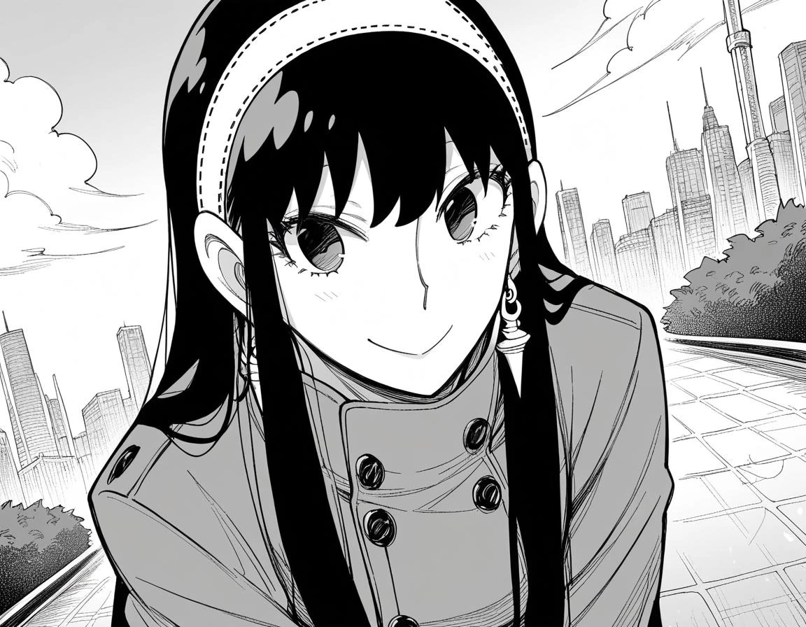 score_9, score_8_up, score_7_up, source_anime,
yorbriar, <lora:yor-briar-manga-ponyxl-lora-nochekaiser:1>,
yor briar, black hair, earrings, white hairband, hairband, long hair, sidelocks, monochrome, greyscale,
coat, trench coat,
outdoors, cityscape, smile, bent over,
looking at viewer, cowboy shot, dutch angle, solo,