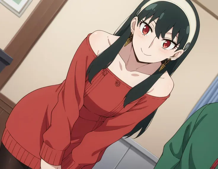 score_9, score_8_up, score_7_up, source_anime,
yorbriar, <lora:yor-briar-s1-ponyxl-lora-nochekaiser:1>,
yor briar, black hair, red eyes, earrings, white hairband, hairband, long hair, sidelocks,
bare shoulders, collarbone, dress, long sleeves, off shoulder, off-shoulder dress, off-shoulder sweater, pantyhose, red sweater, sweater, sweater dress, thighs,
indoors, smile, bent over,
looking at viewer, dutch angle, cowboy shot,
