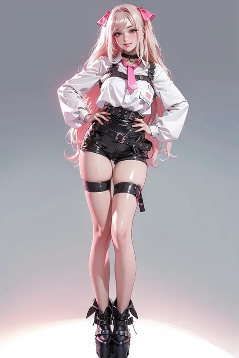 1girl,solo,medium breasts,outdoors,<lora:GoodHands-beta2:1>,Dynamic ballet leap, Ash Blonde hair, (full body:1.2),(thigh gap:1.2),(masterpiece, best quality, hires, high resolution:1.2), (extremely detailed, realistic, intricate details, highres), 3d, cg, bbw, shiny skin, blush,, eyeliner, eyeshadow, eyelashes, (gigantic breasts, saggy breasts:1.1), (cinematic lighting, sunlight, volumetric), looking at viewer, simple Blue background, vintage fantasy, 1960s \(style\), film grain, <lora:0192 Nikke Uni_v1:0.9> ruanyi0192,belt,black choker,black shorts,hair ornament,harness,platform footwear,single leg pantyhose,thigh strap,pink necktie,pink ribbon,thighhighs,white shirt