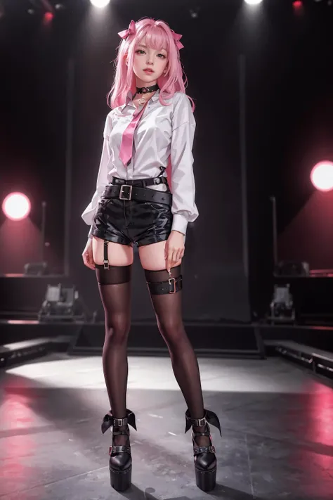 highres,absurdres,masterpiece,best quality,original,extremely detailed CG,extremely detailed wallpaper,perfect lighting,standing on the stage,looking at viewer,1girl,blurry background,bare hands,
<lora:0192 Nikke Uni_v1:0.6>,ruanyi0192,belt,black choker,black shorts,hair ornament,harness,platform footwear,single leg pantyhose,thigh strap,pink necktie,pink ribbon,thighhighs,white shirt,