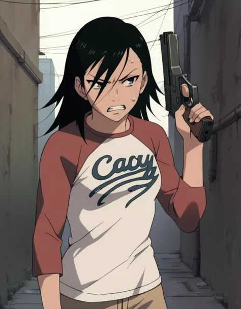 score_9,  score_8_up, score_7_up, source_anime, <lora:izumi-maho-koyuki-ponyxl:1> minamimaho, raglan sleeves,
1girl, solo, handgun, intense, glaring, clenched teeth, sweat, alley, trigger discipline