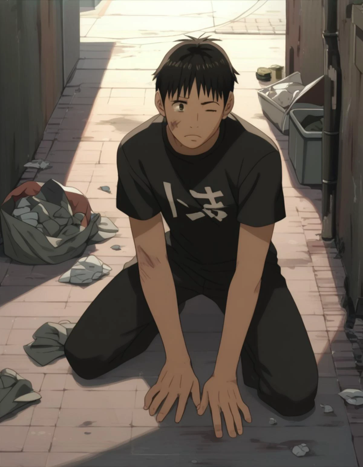 score_9, score_8_up, score_7_up, source_anime, <lora:izumi-maho-koyuki-ponyxl:1> koyuki, wince, looking up,
1boy, male focus, solo, gakuran, black shirt, black pants, on floor, injury, alley, trash