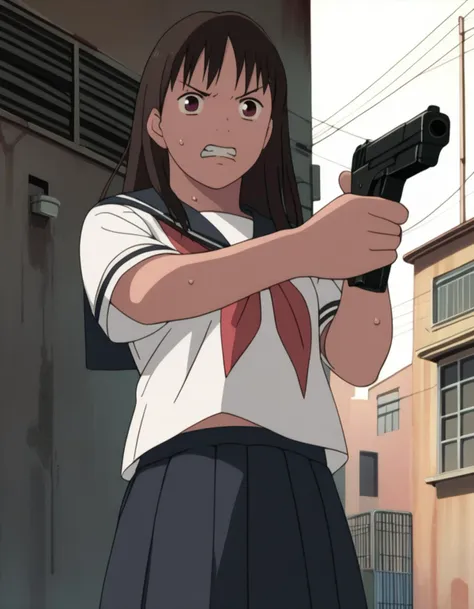 score_9,  score_8_up, score_7_up, source_anime, <lora:izumi-maho-koyuki-ponyxl:1> ishiguroizumi, serafuku,
1girl, solo, handgun, intense, glaring, clenched teeth, sweat, alley, trigger discipline