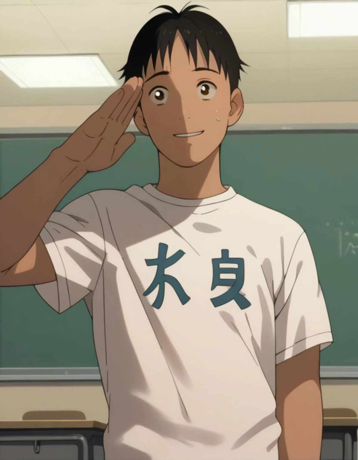 score_9, score_8_up, score_7_up, source_anime, <lora:izumi-maho-koyuki-ponyxl:1> koyuki, standing, nervous sweating, salute, nervous smile, looking up,
1boy, male focus, solo, t-shirt, classroom