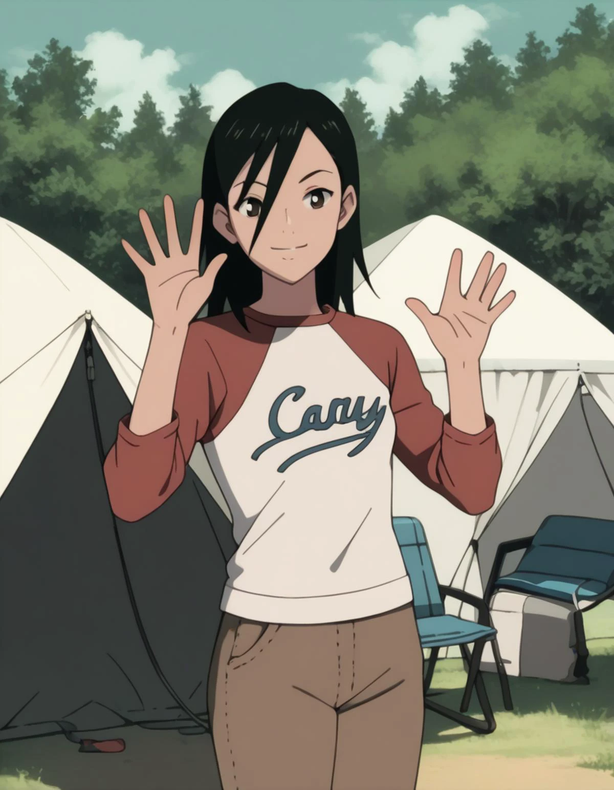 score_9, score_8_up, score_7_up, source_anime, <lora:izumi-maho-koyuki-ponyxl:1> minamimaho, raglan sleeves,
1girl, solo, tent, camping chair, waving, smile